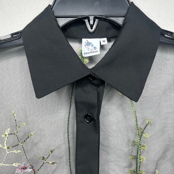 Sheer Mesh Black Embroidered Floral Top Women M Whimsigoth Dark Romantic Y2K 90s - Picture 2 of 13